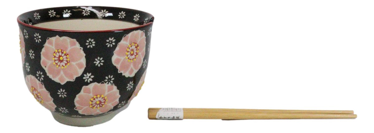 Black And Pink Cherry Blossoms Sakura Donburi Ramen Bowl With Chopsticks Set