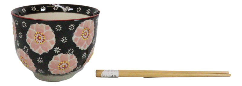 Black And Pink Cherry Blossoms Sakura Donburi Ramen Bowl With Chopsticks Set