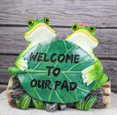Welcome To Our Pad Green Frog Couple Sitting On Log With Lilypad Sign Figurine