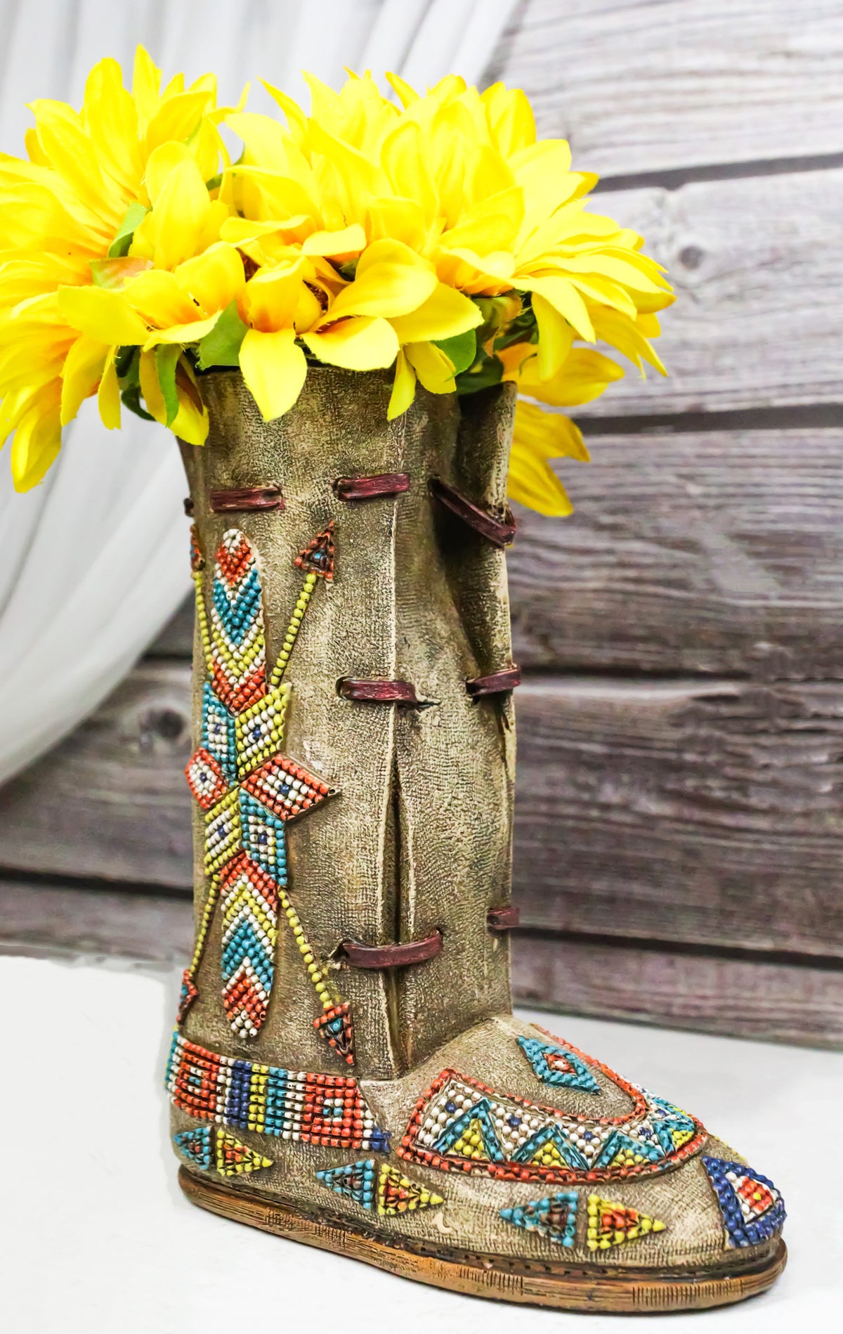 Southwestern Tribal Native Arrows Indian Moccasin Faux Leather Boot Vase Decor