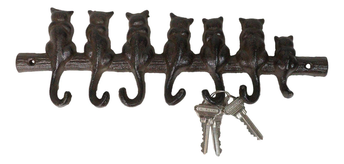 Cast Iron Rustic Abstract Feline Cats With Playful Tails 7 Pegs Wall Hooks Decor
