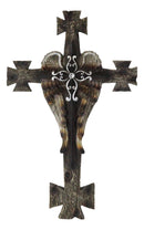 Black Biker Iron Cross With Angel Wings Layered Faux Wooden Wall Cross Plaque