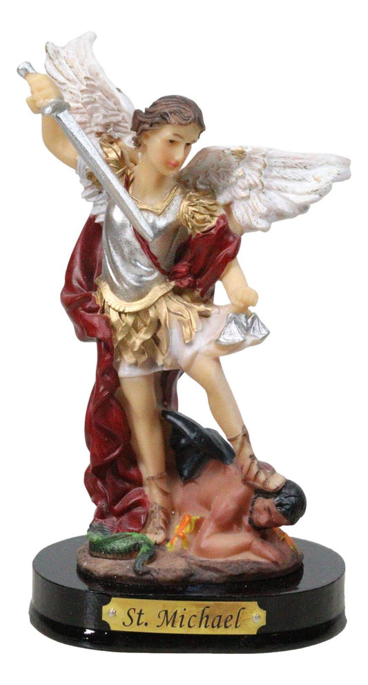 Archangel Saint Michael Wielding Sword Crushing Satan Figurine With Name Base - Ebros Gift