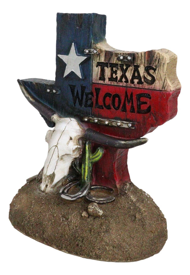 Western Welcome State Of Texas Map With Horseshoe And Longhorn Skull Figurine