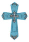 Rustic Western Turquoise Silver Scrollwork Faux Wood Layered Wall Cross Crucifix