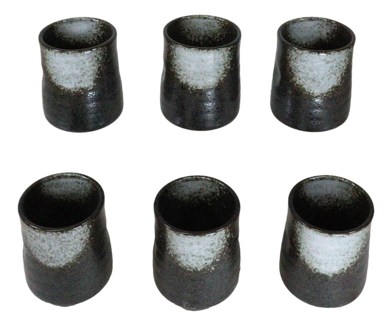 Pack Of 6 Charcoal Grey Tone Hakumu Reactive Glaze Ceramic Yunomi Tea Cups 9oz
