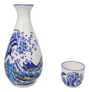 Great Wave Kanagawa Hokusai Porcelain Sake Flask And 4 Ochoko Cups Set
