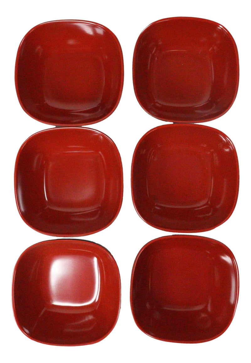 Set Of 6 Red And Black Square Ridged Small Soup Salad Rice Melamine Bowls 4.5"L