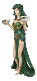 Large Greek Gorgon Goddess Medusa In Green Gown Dual Votive Candleholders Statue