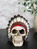 Gothic Native American Chief Skull Figurine with Tribal Feather Headdress 4.5"H