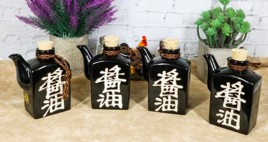 Set Of 4 Black Traditional Japan Soy Sauce Dispenser Flask 9oz Calligraphy - Ebros Gift