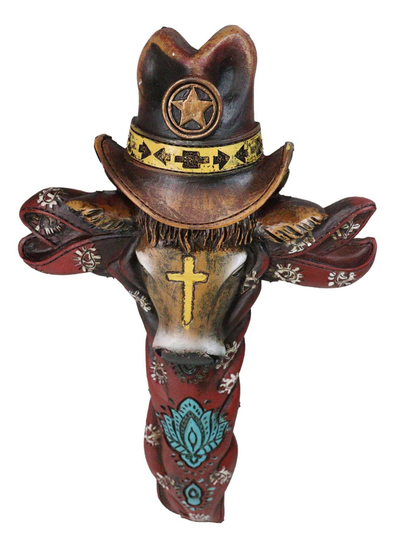 Colorful Southwestern Cowboy Bull with Sheriff Hat and Floral Design Wall Cross