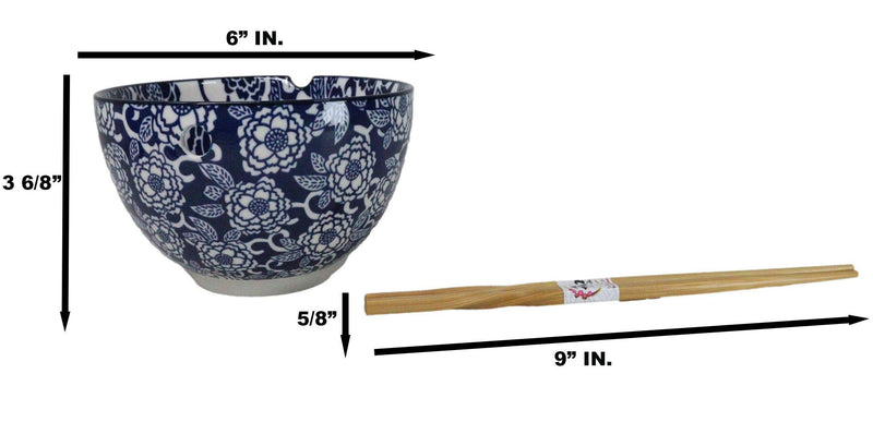 Blue Botanica Floral Blossoms 20Oz Donburi Ramen Soup Bowl With Chopsticks Set