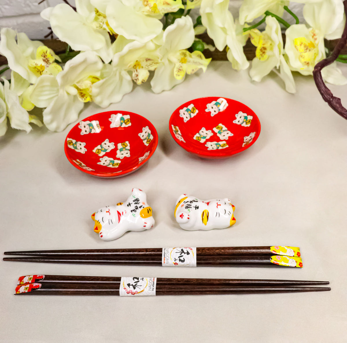Maneki Neko Lucky Cats Red Sauce Dishes Chopsticks And Rests Sushi Set For 2