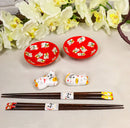 Maneki Neko Lucky Cats Red Sauce Dishes Chopsticks And Rests Sushi Set For 2