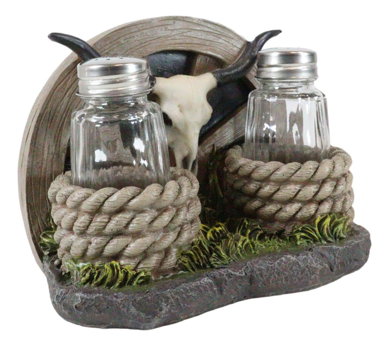 Rustic Western Wagon Wheel Ropes Longhorn Cow Skull Salt Pepper Shakers Holder