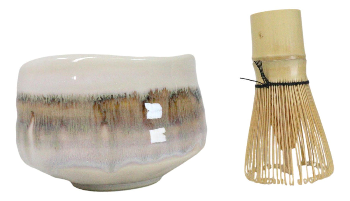 Traditional Brown Earth Ceramic Japanese Matcha Green Tea Bowl Whisk & Scoop Set
