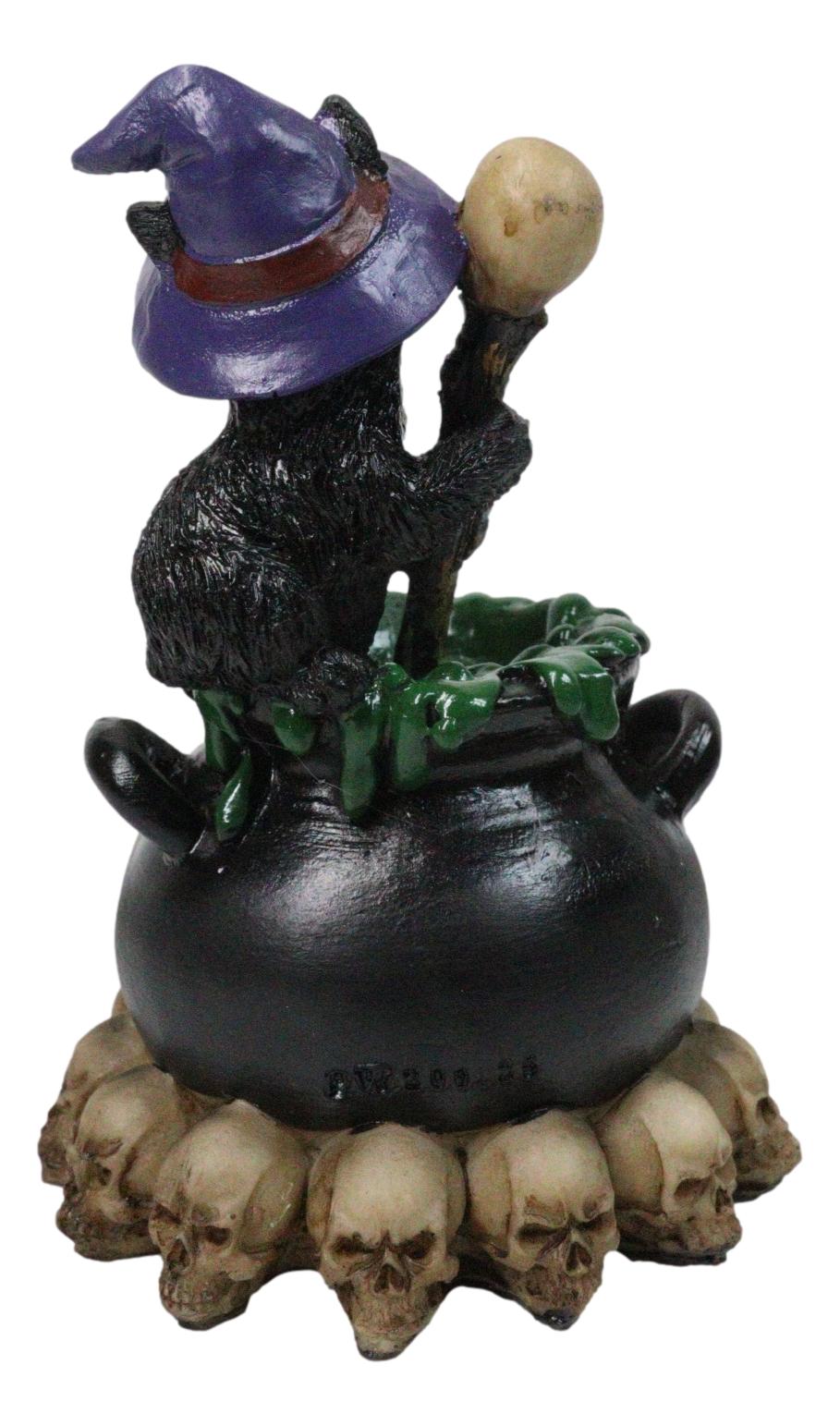 Witch Hat Black Cat Brewing Potion in LED Cauldron with Skulls Bonfire Figurine