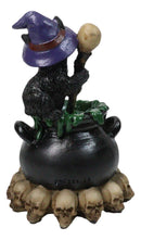Witch Hat Black Cat Brewing Potion in LED Cauldron with Skulls Bonfire Figurine