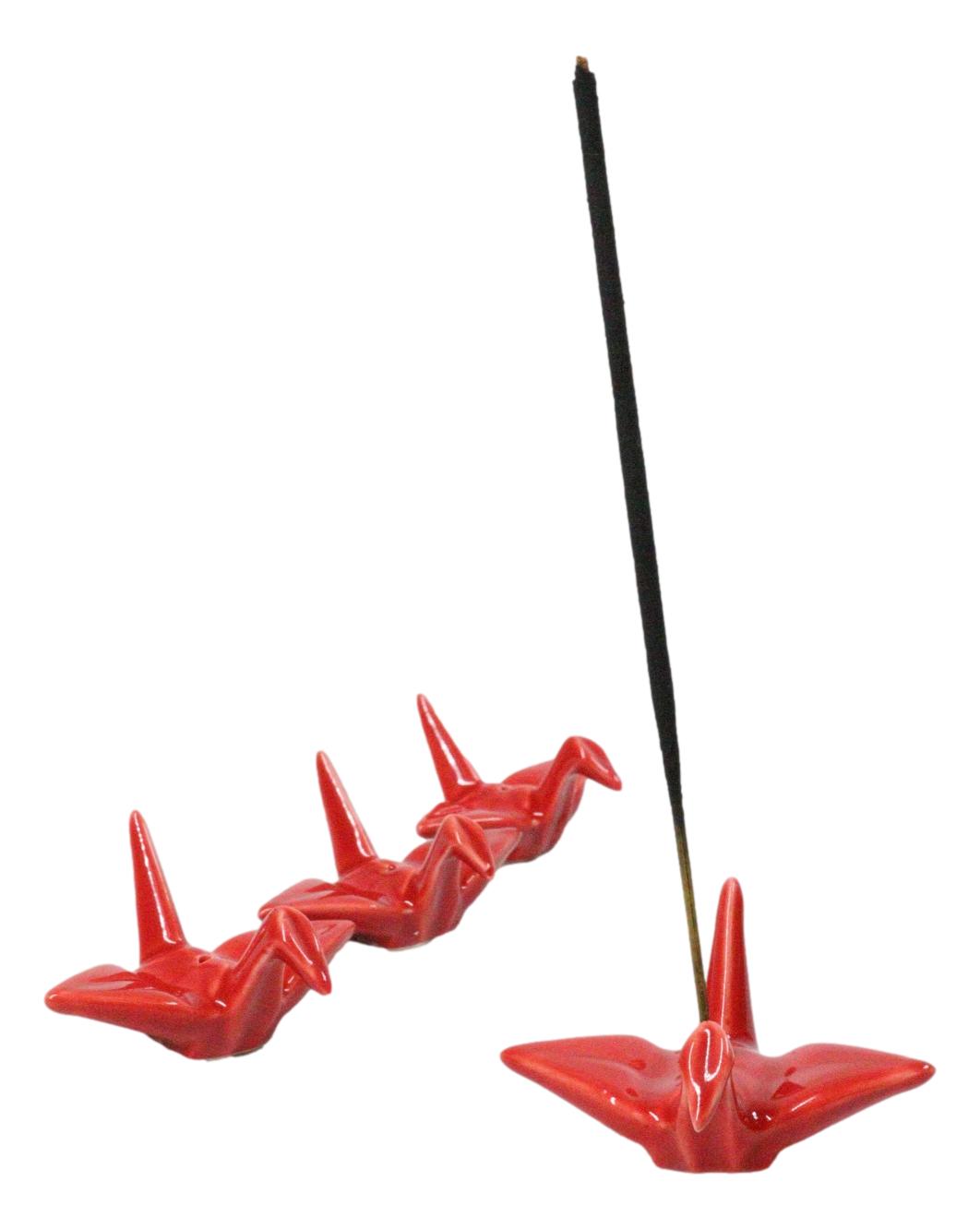 Ebros Set of 4 Ceramic Red Japanese Origami Crane Incense Stick Holders