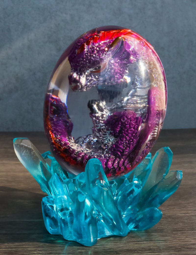Purple Fossil Dragon Hatchling Sleeping in Crystal Acrylic Glass Egg Figurine
