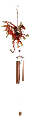 Medieval Fantasy Red Gold Fire Dragon Cross Art Glass Gemstones Metal Wind Chime