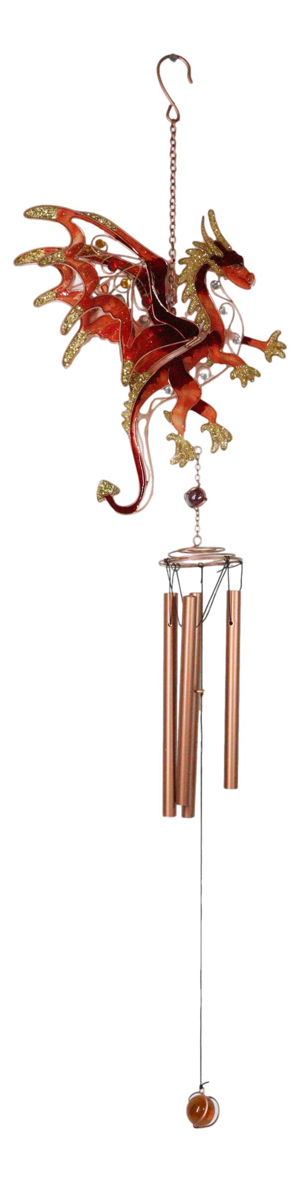 Medieval Fantasy Red Gold Fire Dragon Cross Art Glass Gemstones Metal Wind Chime