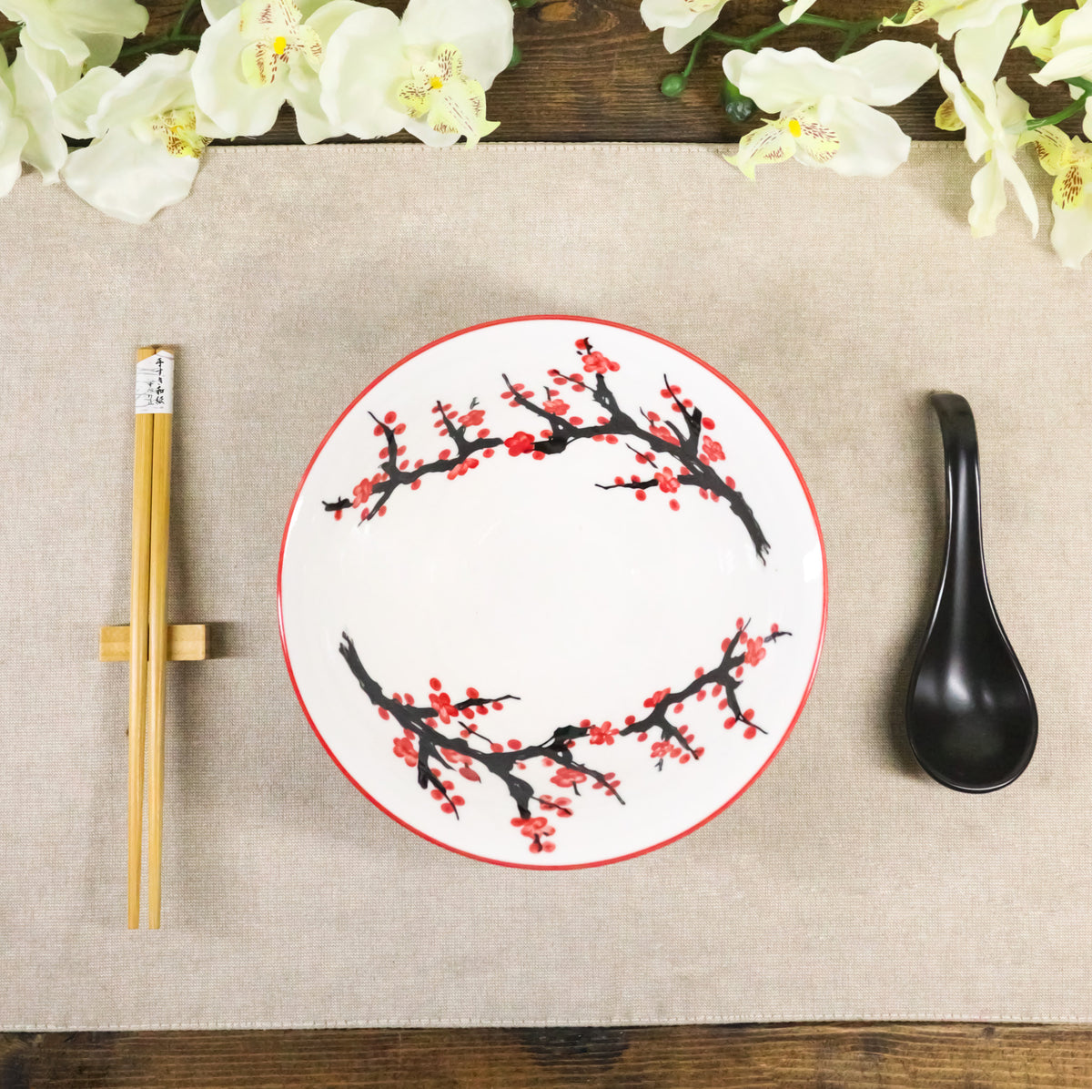 Pink Sakura Ceramic Ramen Rice Bowl With Soup Spoon Chopsticks And Rest Set