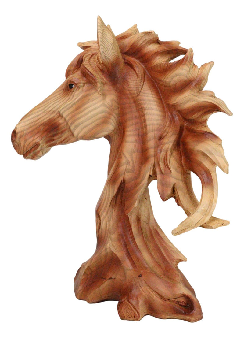 Wild Stallion Horse Bust In Faux Cedar Wood Finish Figurine 11"H Resin Decor