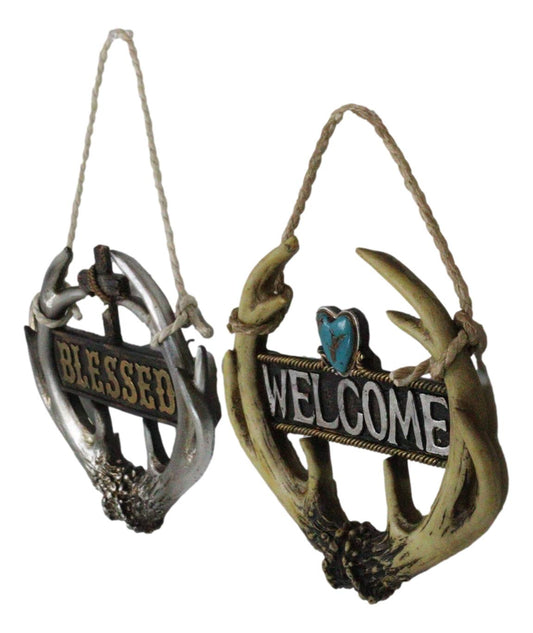 Set of 2 Rustic Western Deer Antlers Blessed And Welcome Wall Signs Ornaments