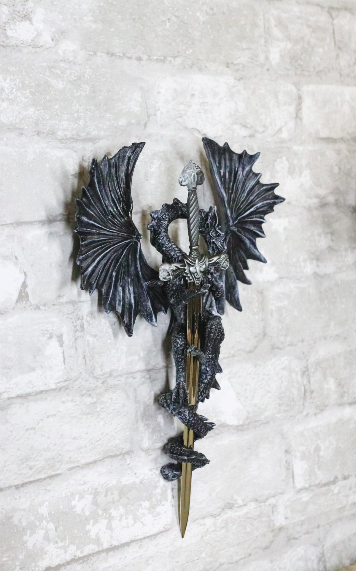 Gothic Black Winged Dragon Wall Plaque with Removable Medieval Sword – 12-Inch