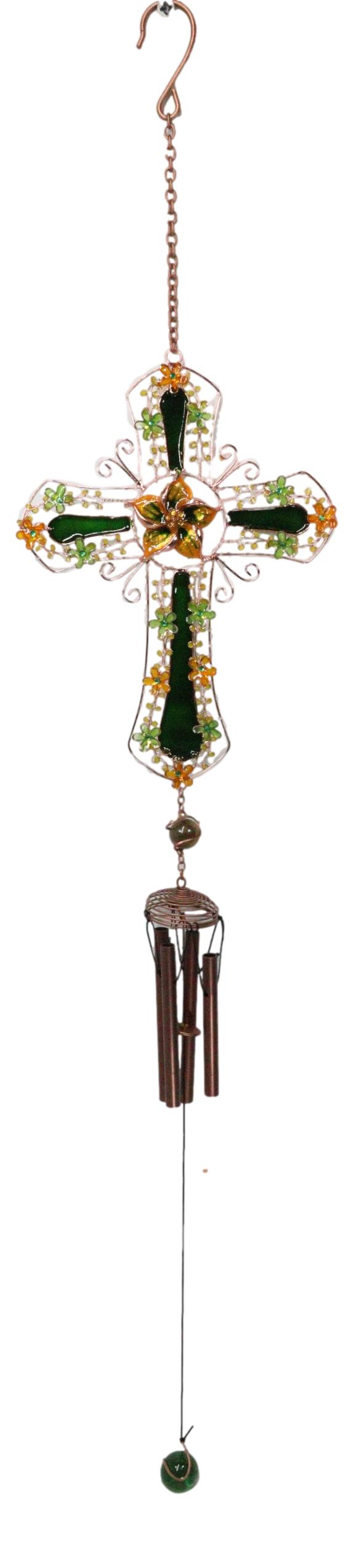 Green Floral Shamrock Cross with Gemstones Metal Scroll Filigree Wind Chime 31"H
