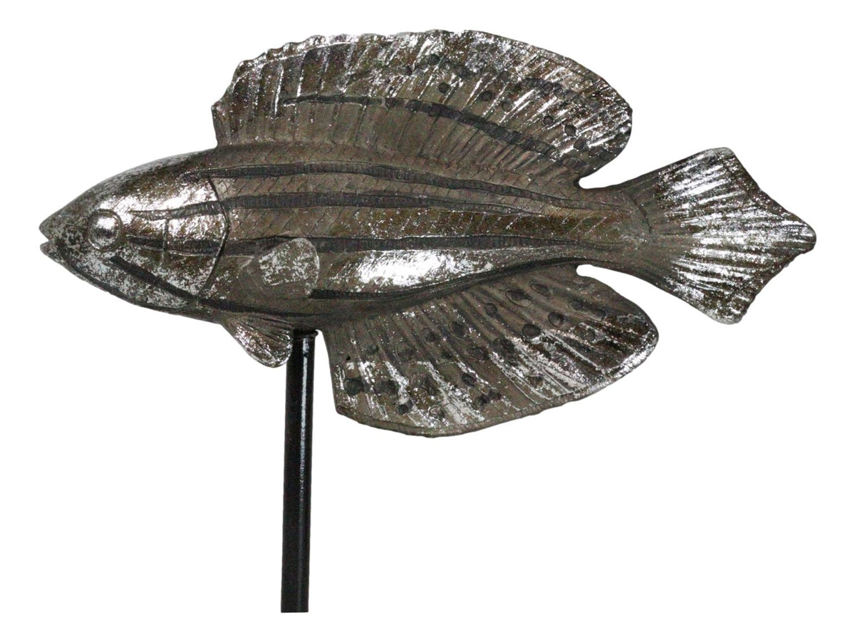 Marine Silver Tone Diamond-Tail Flasher Wrasse Fish Sculpture With Pole Stand