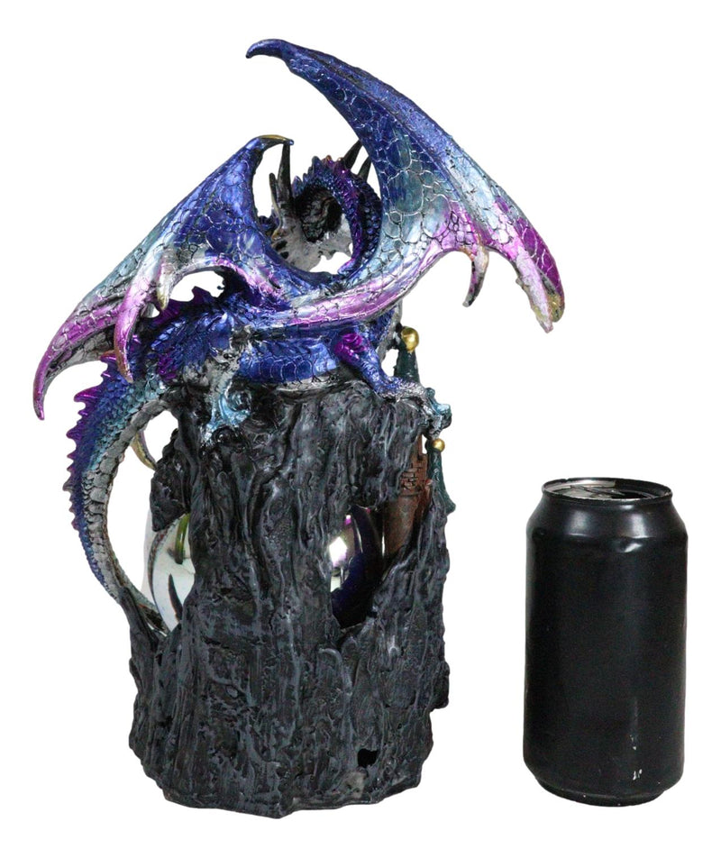 Blue Dragon Perching On Castle Top With Celtic Base And LED Optic Ball Statue