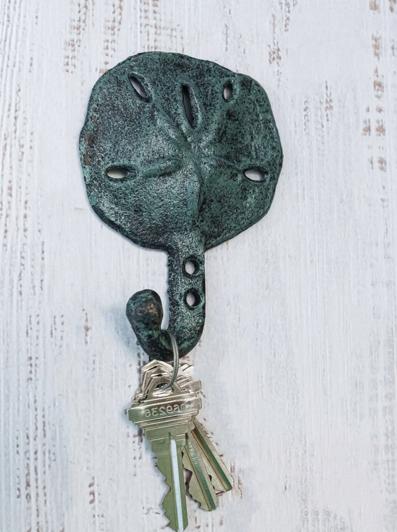 Set Of Two Cast Iron Verdigris Coastal Marine Sand Dollar Wall Coat Hook Hangers
