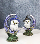 Pair of Snow Owls With Witch Hats Perching On Cratered Crescent Moon Figurines