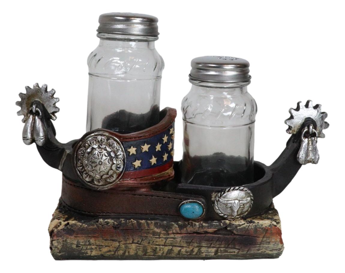 Western Cowboy Boot Spurs USA Flag Conchos Faux Leather Salt Pepper Shakers Set - Ebros Gift