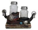 Western Cowboy Boot Spurs USA Flag Conchos Faux Leather Salt Pepper Shakers Set