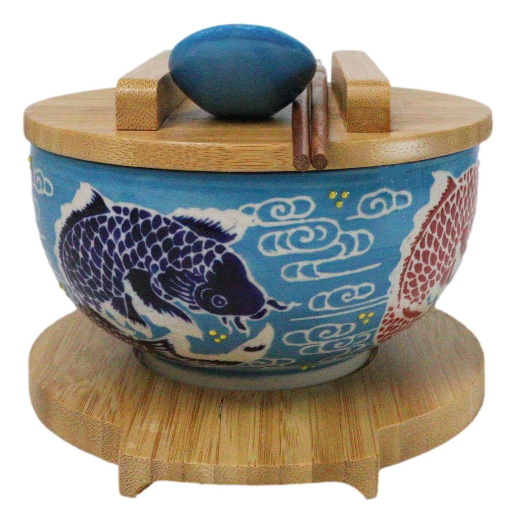Blue And Red Koi Fishes Donburi Ramen Bowl With Lid Trivet Spoon Chopsticks Set