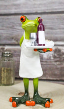 Green Toad Frog Butler Waiter With Wine Glass Bottle And Bread Tray Figurine 6"H