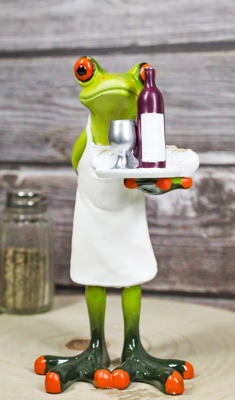 Green Toad Frog Butler Waiter With Wine Glass Bottle And Bread Tray Figurine 6"H