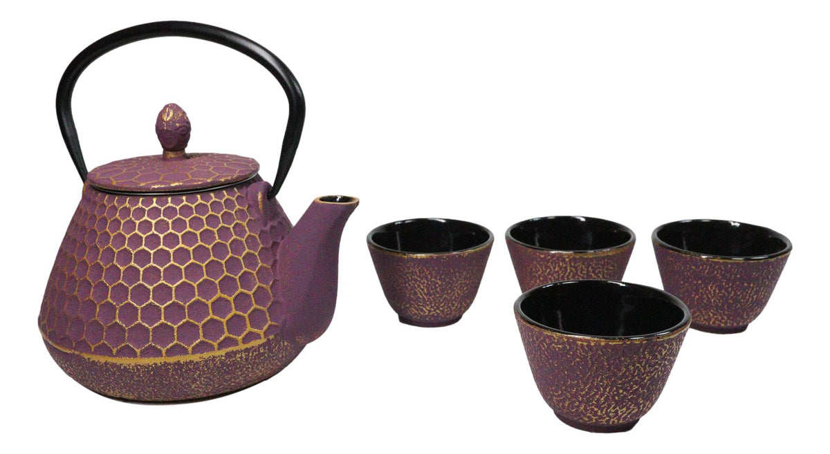 Royal Purple And Gold Honeycomb Tetsubin 27oz Cast Iron Tea Pot With 4 Cups Set