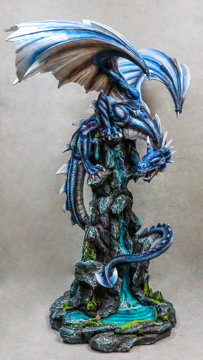 Large Blue Zirconia Rogue Storm Dragon Hovering Over Cliff Rock Waterfall Statue