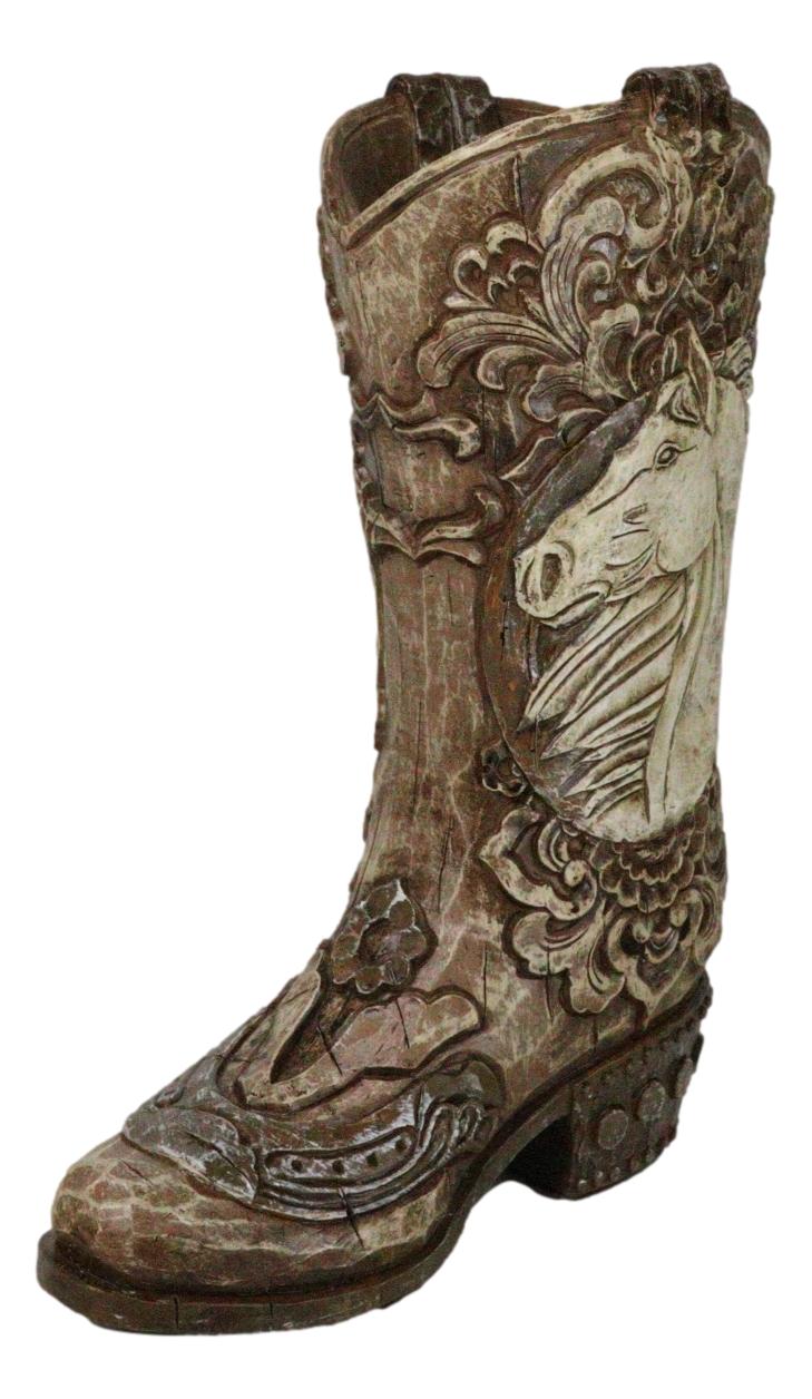 Western Wild Horse with Floral Scrollwork Faux Wood Cowboy Boot Vase Holder