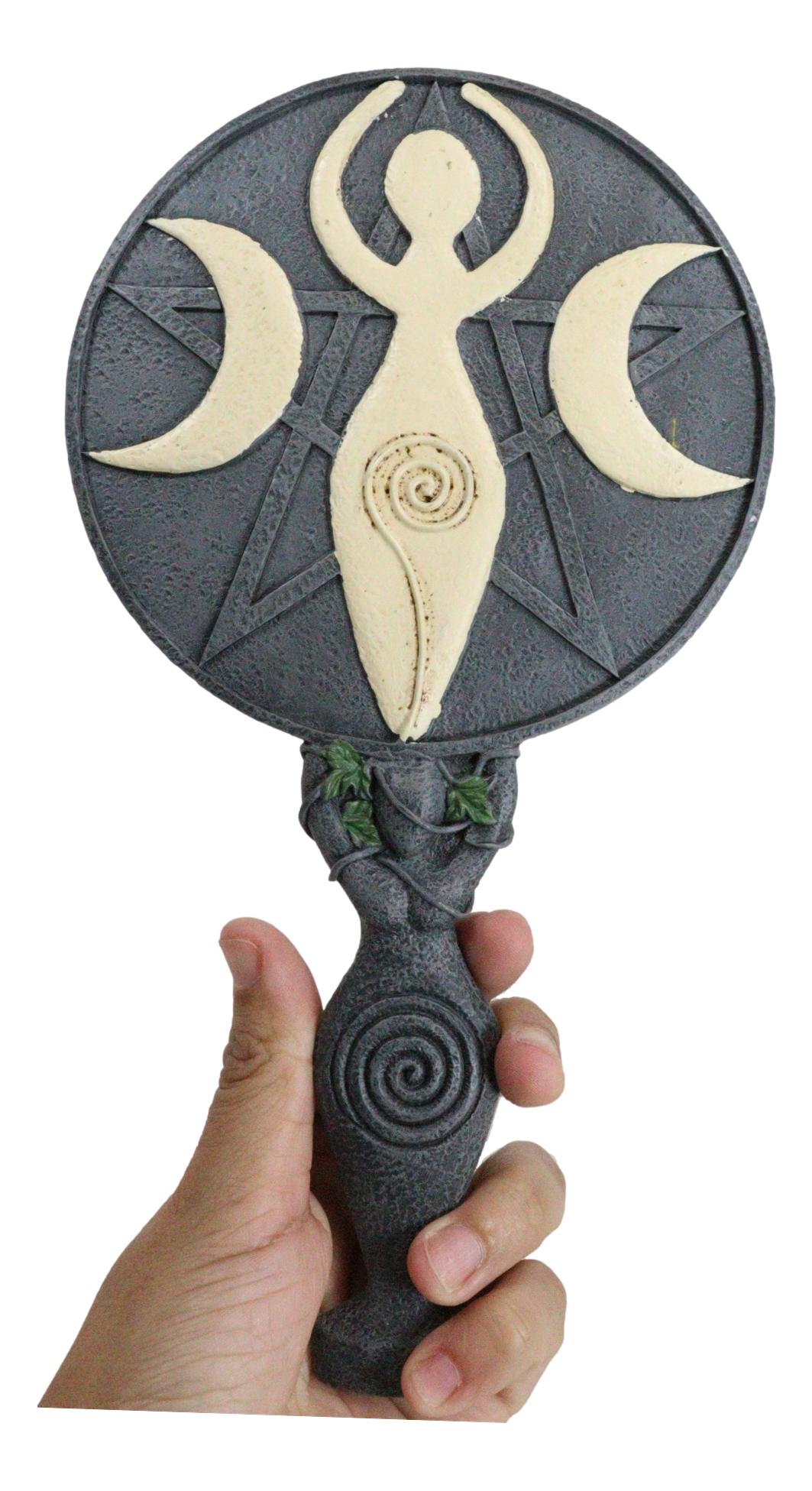 Wicca Triple Moon Spiral Goddess with Magical Ivy Leaves Sculptural Hand Mirror