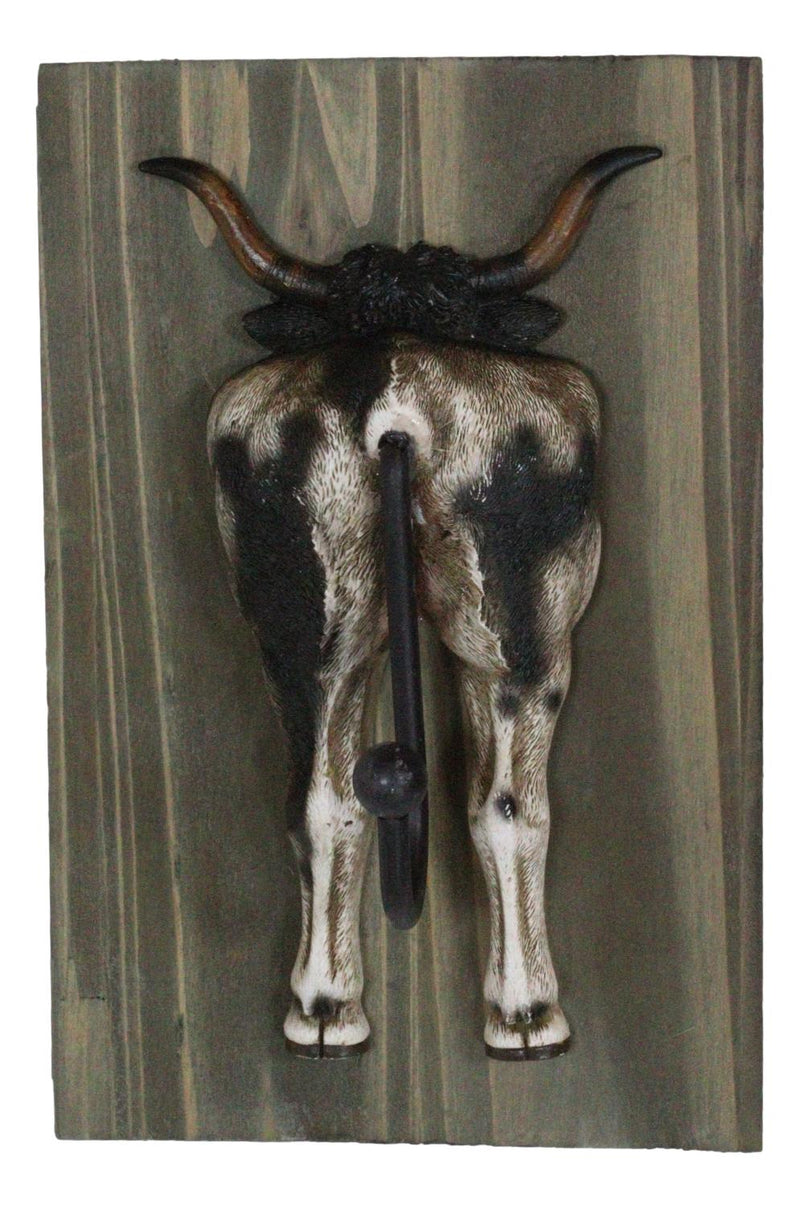 Set of 3 Rustic Western Steer Bulls Hind Butt Coat Wall Hooks With Wooden Plaque