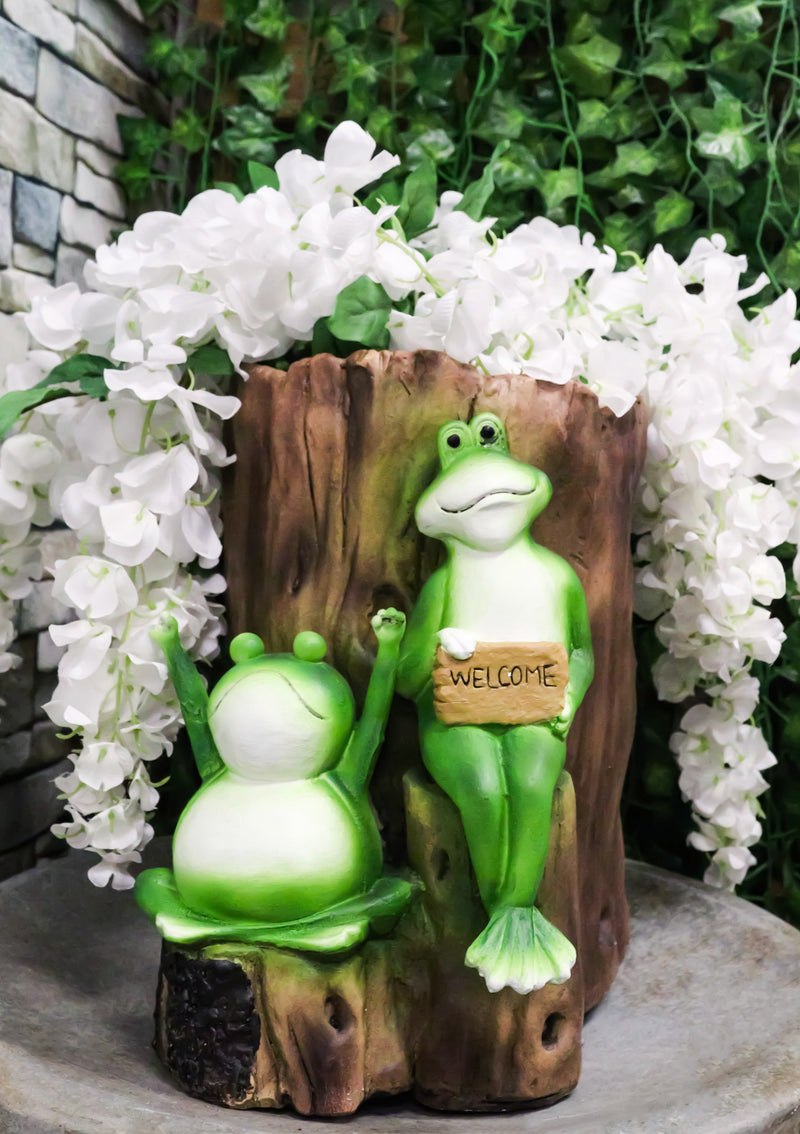 Whimsical Green Frogs Welcome Sign Decorative Floral Vase Or Planter Figurine