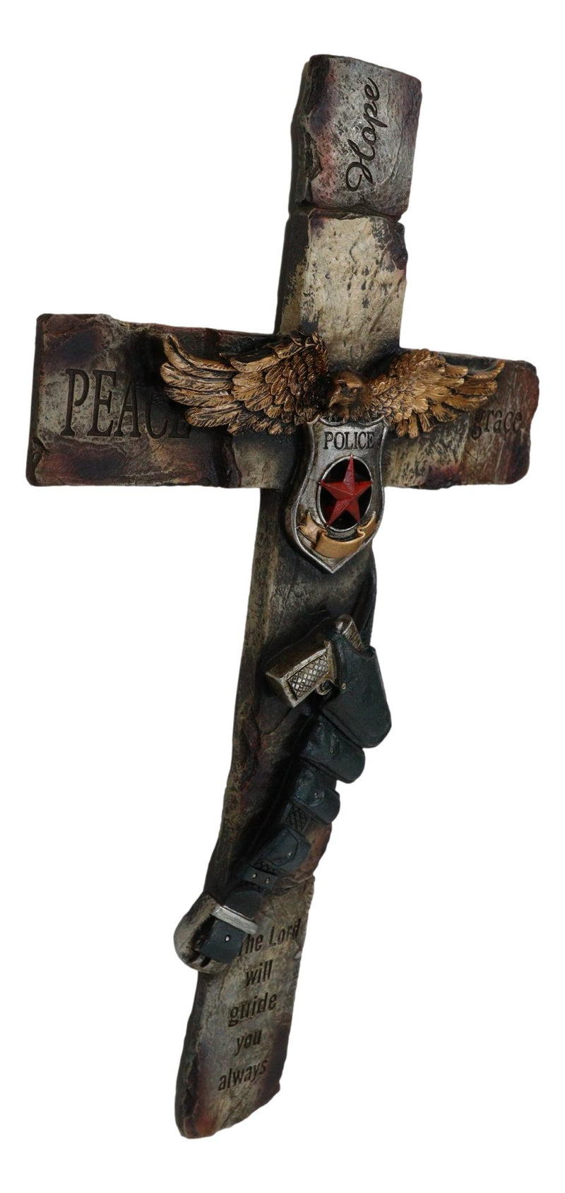 Large Men In Blue Police Officer Gun Eagle Badge Hope Grace Peace Wall Cross