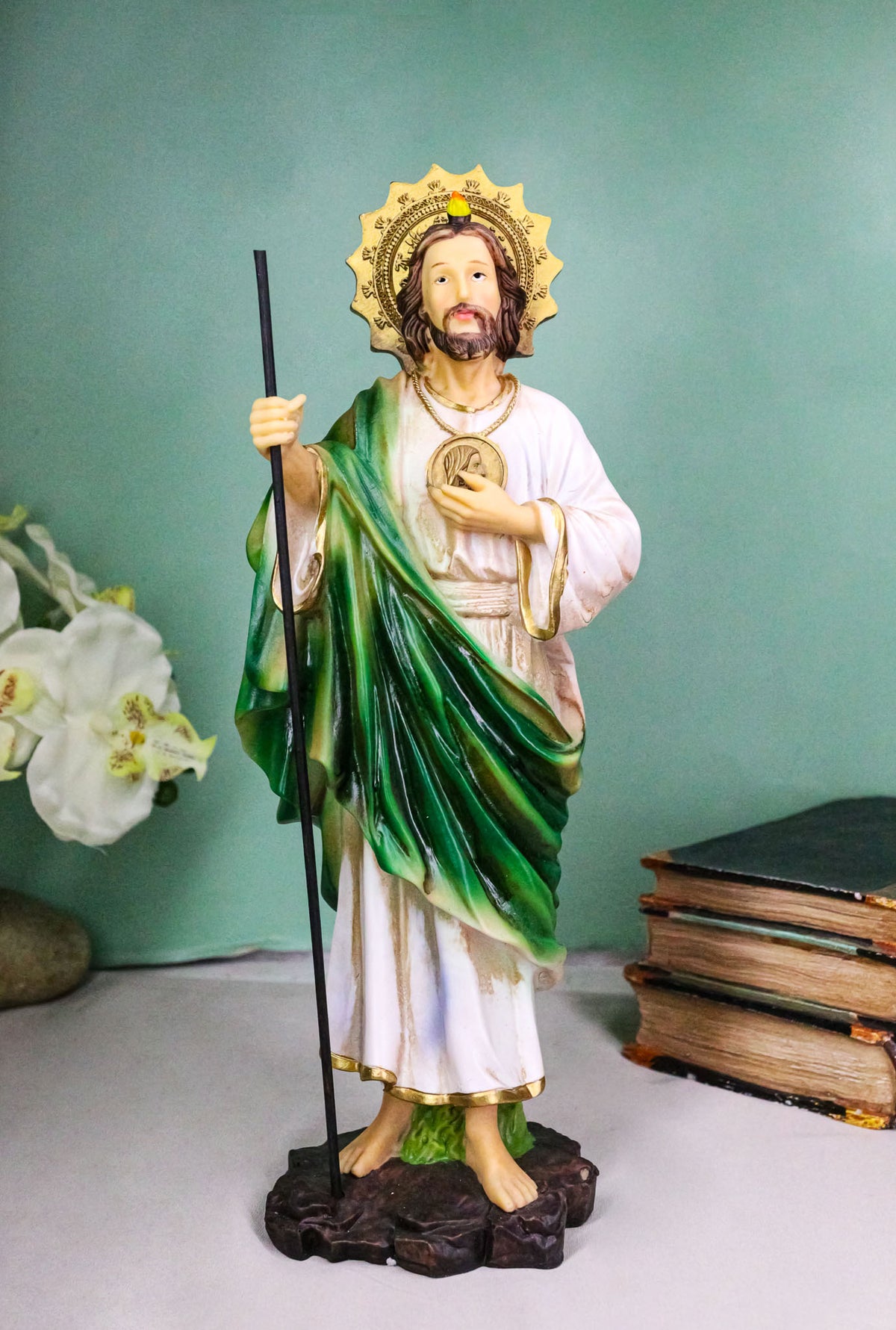 Saint Jude Thaddeus The Apostle with Holy Spirit Fire and Sun Medal Statue 12"H - Ebros Gift