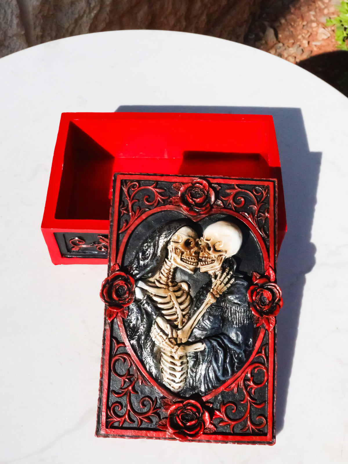 Skeleton Bride and Groom Keepsake Trinket Box with Red Roses Gothic Skull Lovers